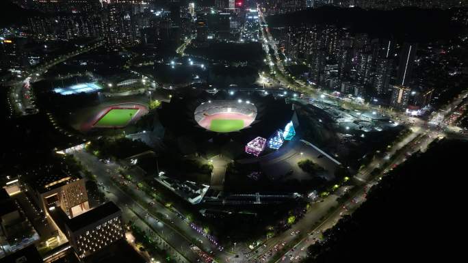 深圳龙岗区大运中心体育馆夜景航拍