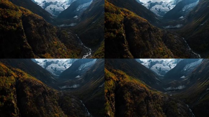 山间的秋天，鸟瞰山间的山谷和融雪流过的小河