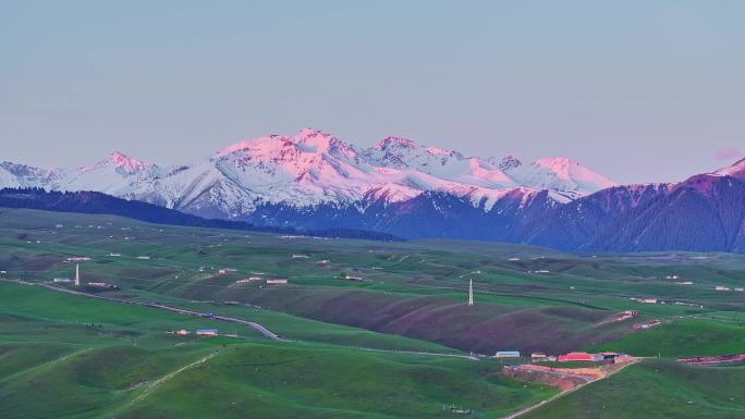 新疆日照金山雪山下的草原
