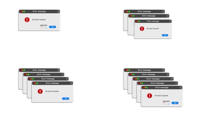 错误信息多个关键错误弹出白色背景。计算机警报故障接口。动态图形动画