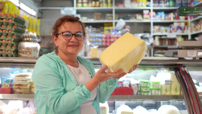 一个成熟的女店员在超市拿着奶酪的肖像