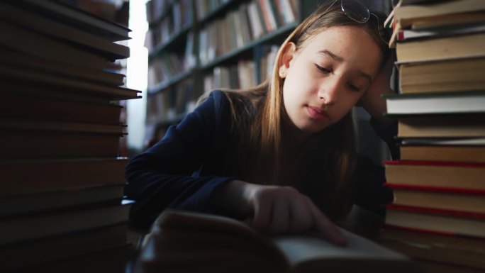 女孩坐在图书馆的书架之间，大声朗读书籍以寻找信息。花时间在文献库中获取新知识。学校文学的有趣作品。