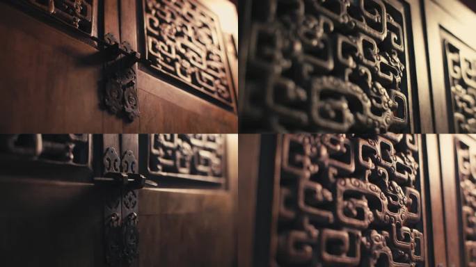 中国传统老家具木雕刻古意老传统锁扣特写