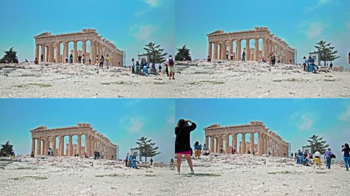 游客参观希腊雅典卫城的历史地标。