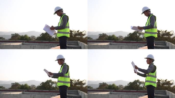 工程师在施工现场，检查建筑结构图纸的正确性。