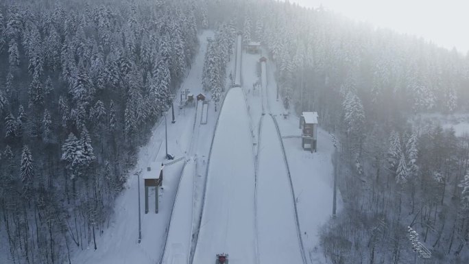 雪山飞山，冬季森林，空中滑雪。