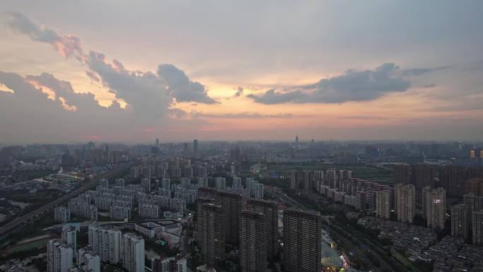 江苏常州城市风景黄昏天空晚霞航拍