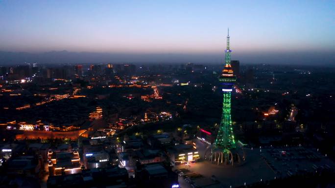新疆喀什古城航拍4K昆仑塔特色建筑夜景