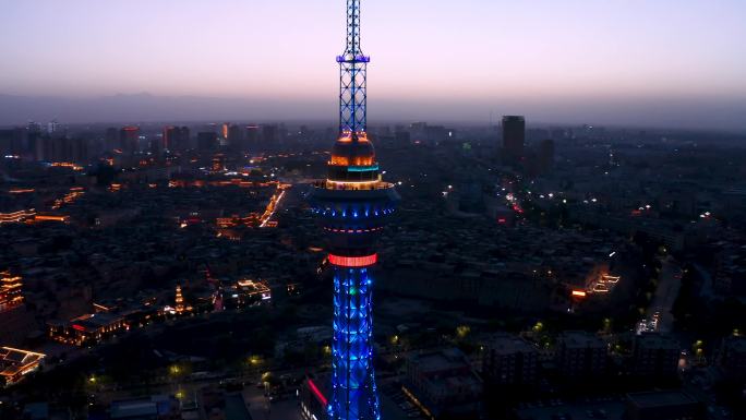 新疆喀什古城航拍4K昆仑塔特色建筑夜景