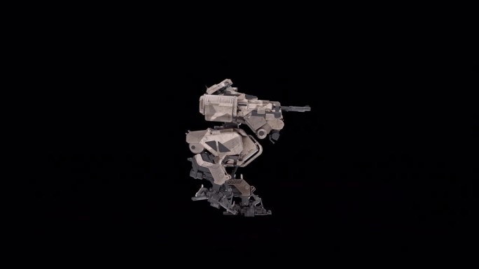 机器人的3D模型，战士的未来机器渲染动画，操纵骨骼结构，行走左右视图，叠加阿尔法哑光通道，科幻概念。
