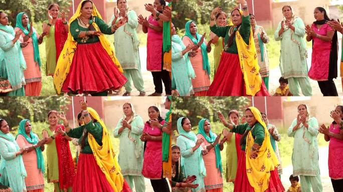 印度哈里亚纳邦，一群农村妇女跳舞庆祝Teej节