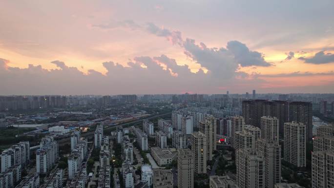 江苏常州城市风景黄昏天空晚霞航拍