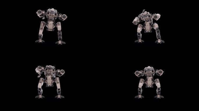 详细的3D模型机器人损伤大后视图，战士未来机器渲染动画，操纵骨骼结构，覆盖阿尔法哑光通道混合，科幻概