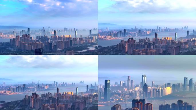 清晨日出南昌城市红谷滩平流雾航拍