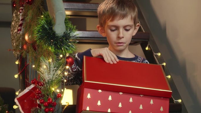 兴奋的小男孩打开装有圣诞老人礼物的圣诞礼盒，在得到他不想要的玩具后感到沮丧。