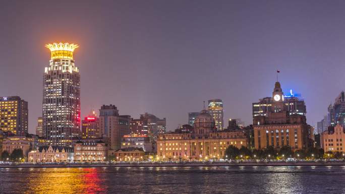 上海外滩建筑夜景亮灯延时摄影