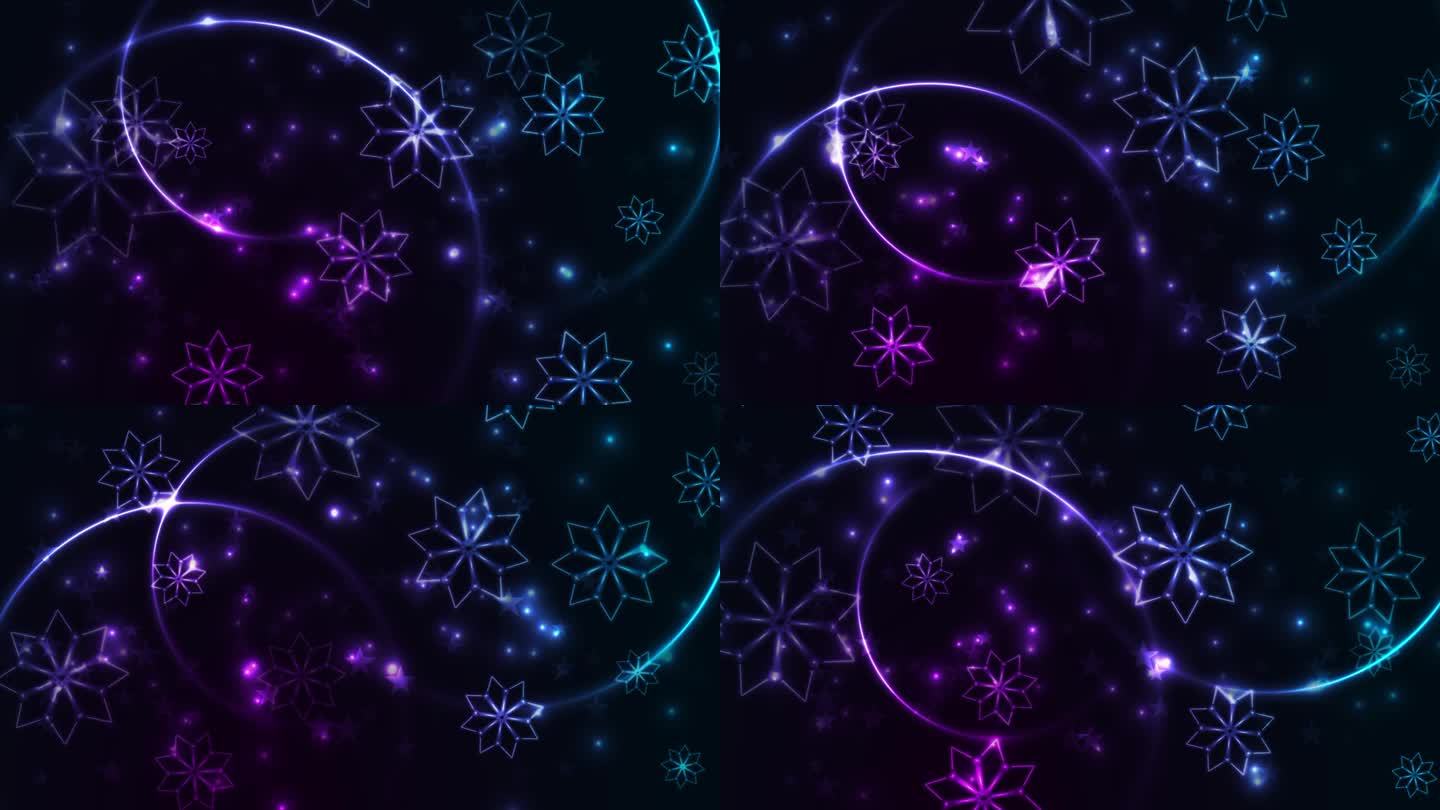 蓝紫色霓虹冬天抽象发光运动背景与雪花