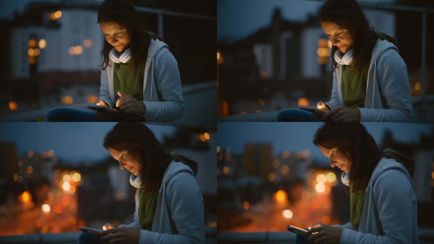 黑发女人晚上在城市屋顶上使用智能手机