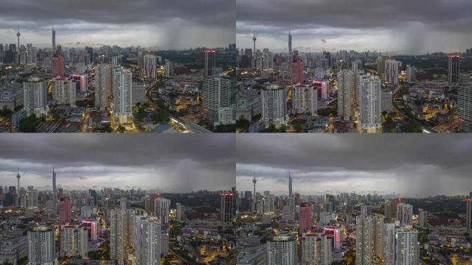 黄昏时分照明雨天吉隆坡市区城市景观交通道路航拍全景4k延时马来西亚