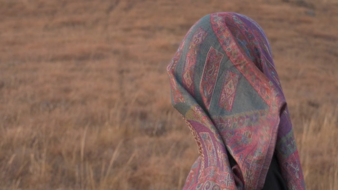 一个女人通过她的生存问题的棱镜看世界。在脸上戴围巾代表一种心理状态。心理学和保健