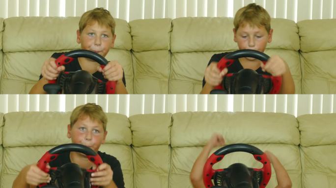 男孩赢得了赛车视频游戏