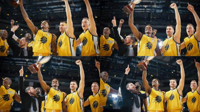 多民族篮球运动员拥抱、跳跃、捧起奖杯庆祝夺冠。独家快乐的体育行动直播电视和按次付费的互联网流媒体
