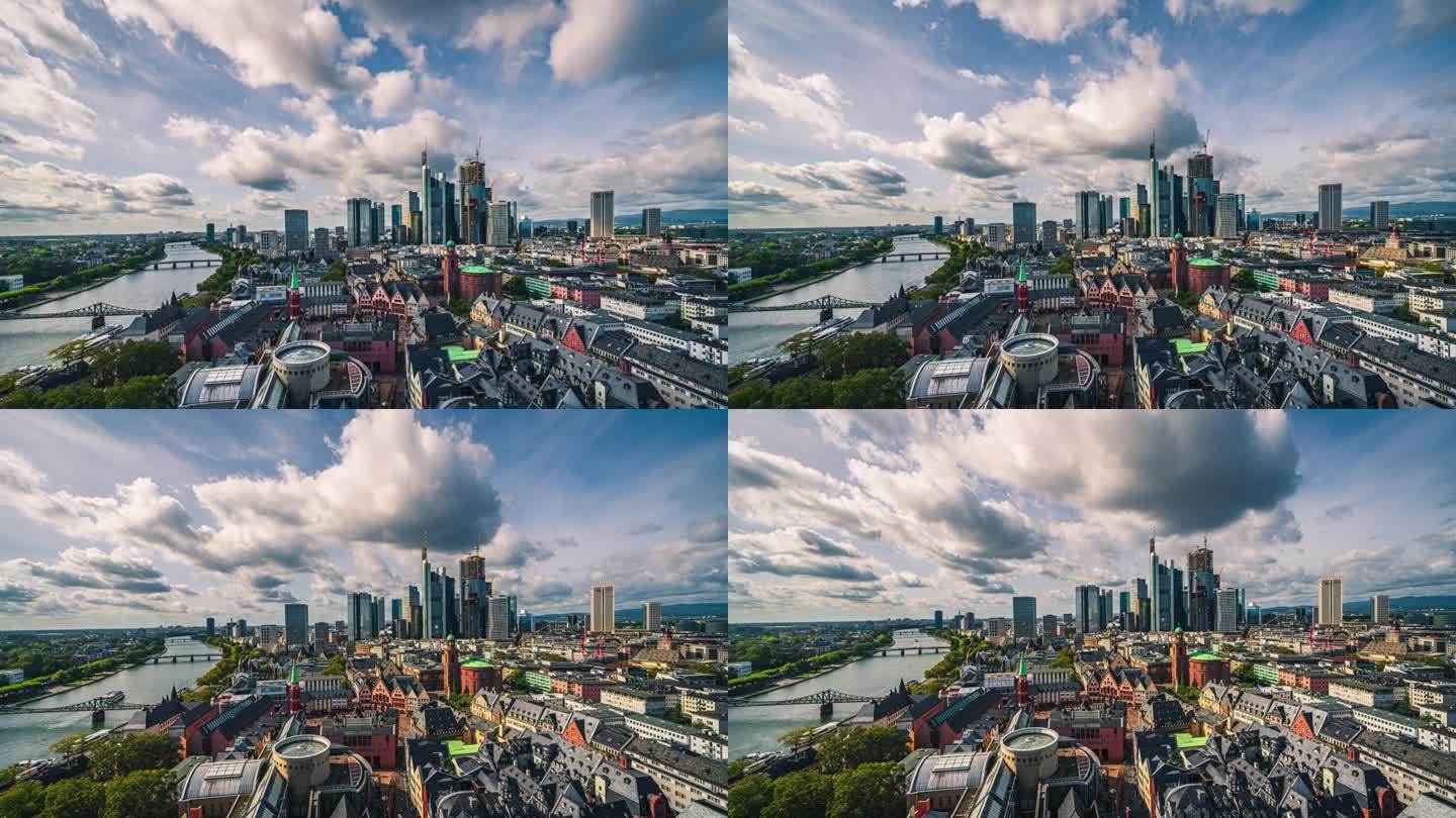 德国，法兰克福，美因河畔，现代金融大厦和摩天大楼旁的蓝天白云
