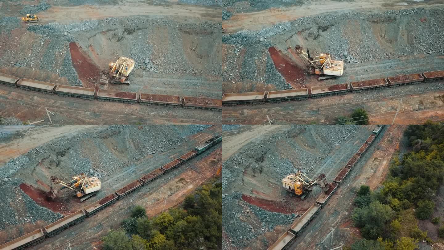 挖掘机采石场装载列车铁矿行业采矿。