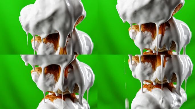 小牛角面包上滴着甜的白巧克力釉。股票剪辑。糕点产品隔离在绿色色度键背景。