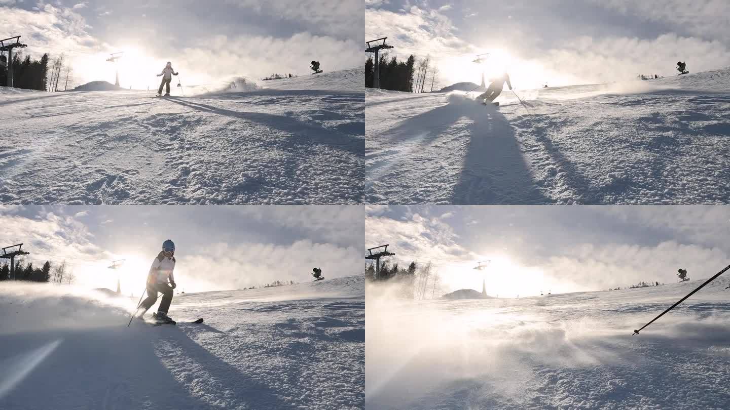 镜头光晕，慢动作:微笑的女人正在滑雪，并向镜头喷洒雪