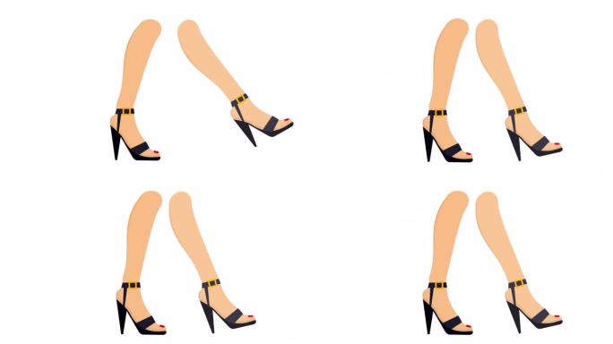 女人的腿。穿着高跟鞋走路的动画。卡通