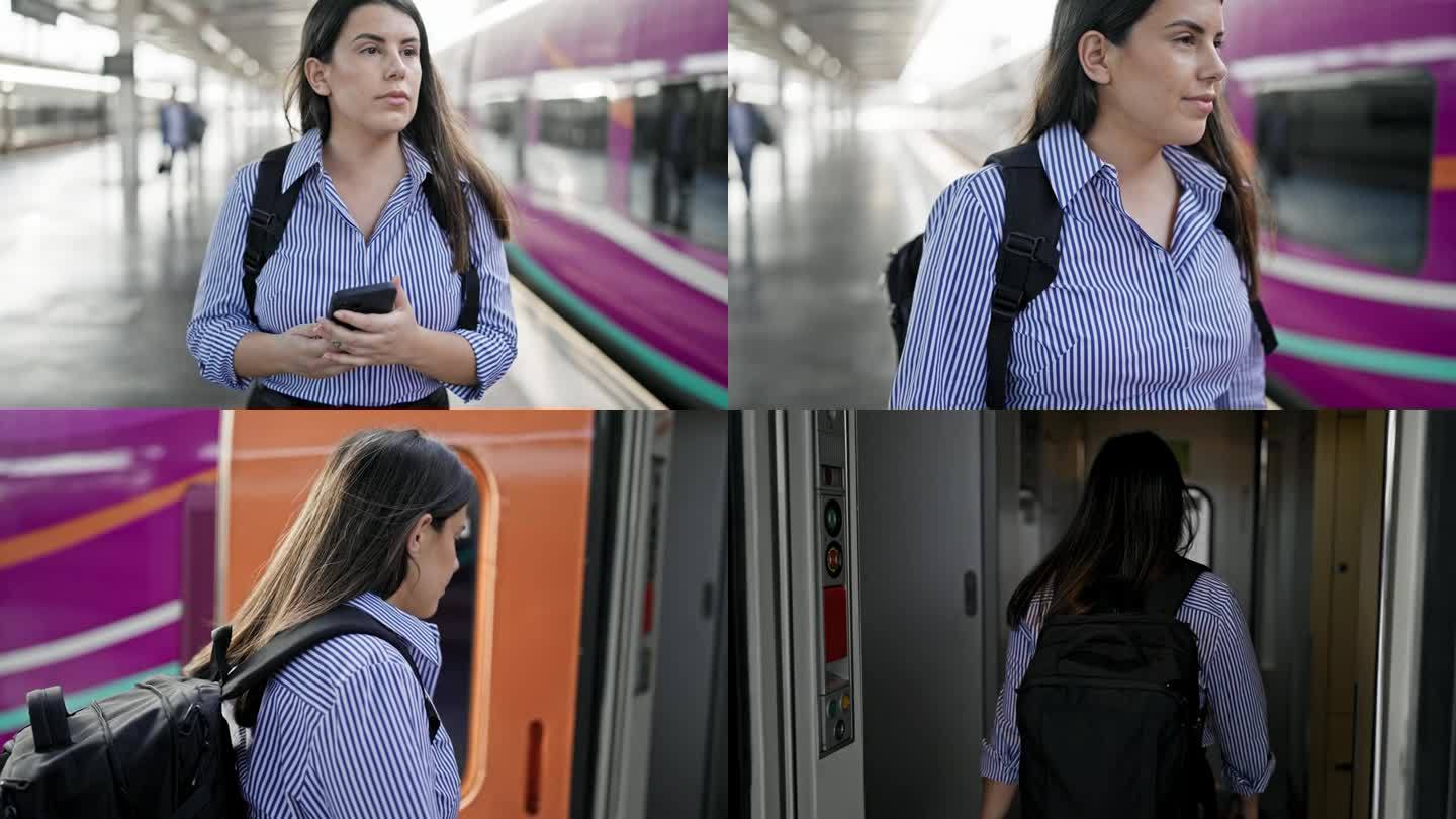 年轻美丽的西班牙女子在火车站用智能手机走在铁路上