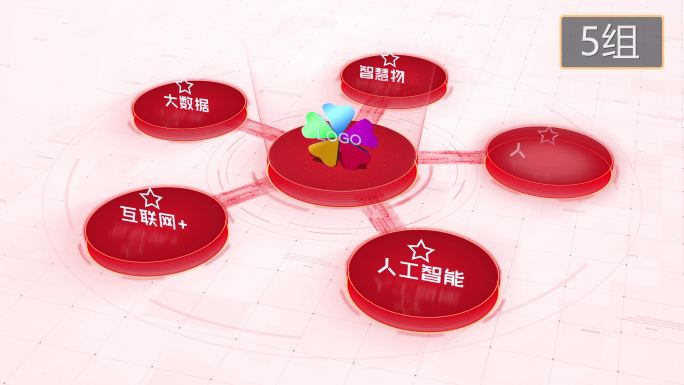 【无插件】4K浅红色科技架构分类圆形5大