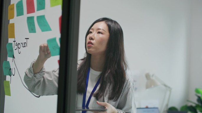 一位亚洲女商人一边在办公室的玻璃墙上写笔记，一边使用数码平板电脑