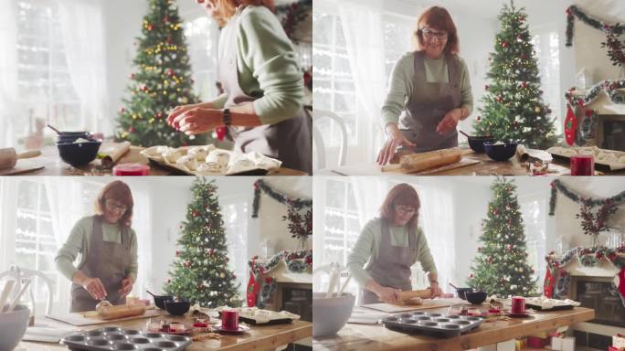老妇人在家里准备面团做圣诞姜饼的慢动作肖像。快乐的家庭主妇和祖母制作糕点，与家人和朋友分享节日