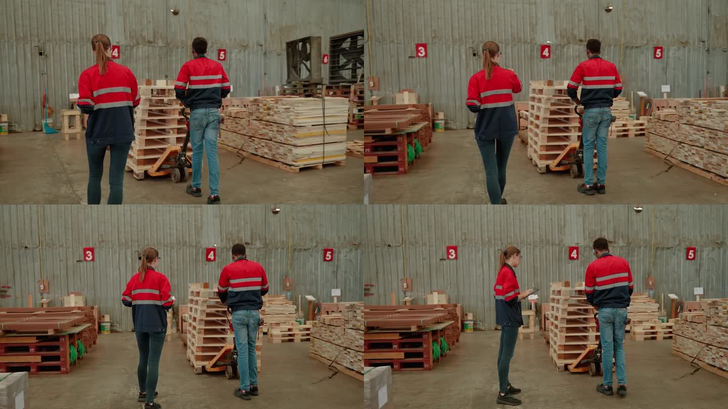 检查员向木托盘厂的工人解释一件产品。
