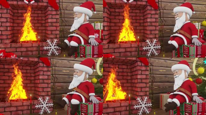 圣诞老人坐在一棵五颜六色的圣诞树下的一个装有圣诞礼物的盒子上，摇晃着他的腿。圣诞快乐，新年快乐动画。
