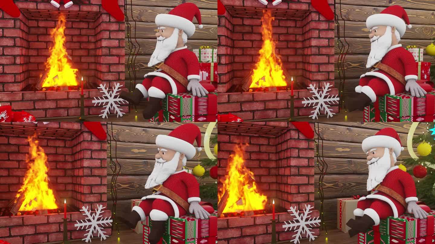 圣诞老人坐在一棵五颜六色的圣诞树下的一个装有圣诞礼物的盒子上，摇晃着他的腿。圣诞快乐，新年快乐动画。