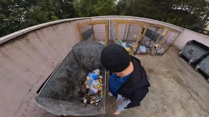 流浪汉在垃圾桶里寻找食物