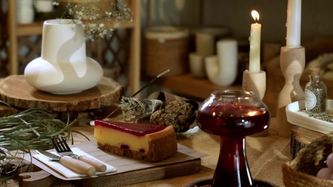 草莓蛋糕片配蒸冬茶和蜡烛