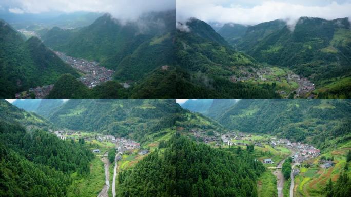 航拍大山里的乡镇城市