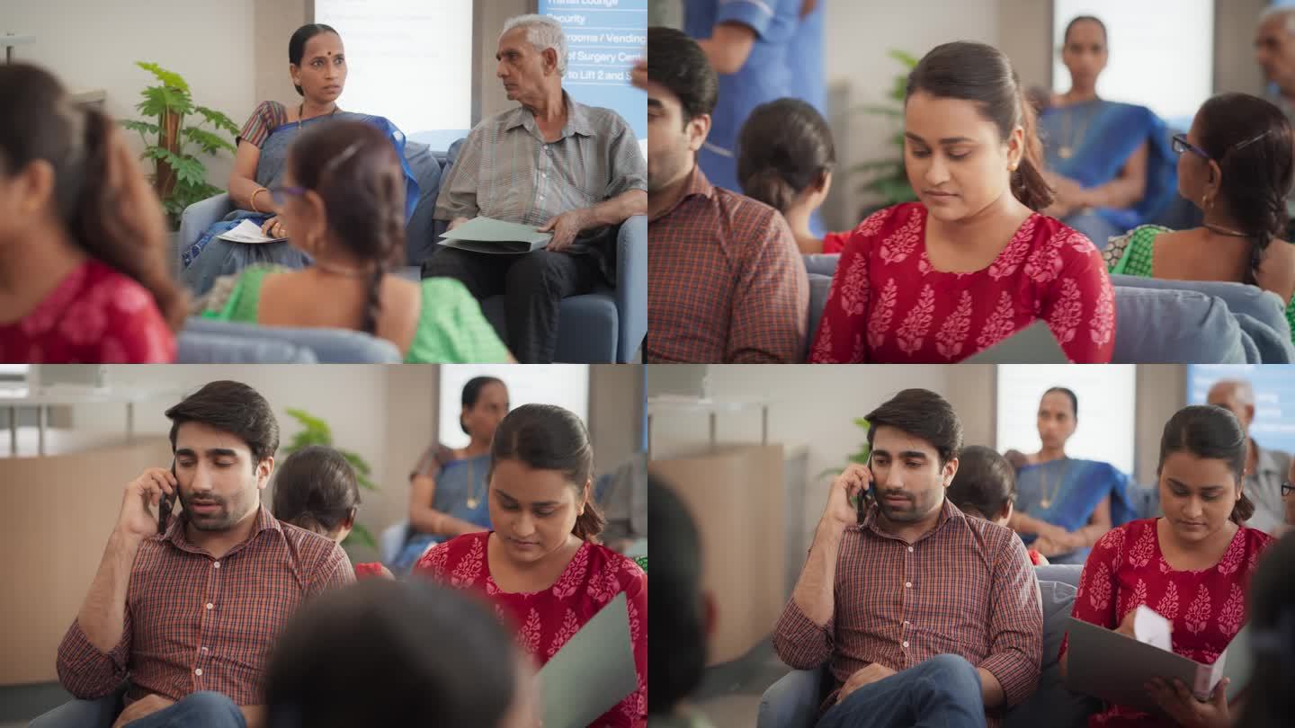 在医院接待厅等候的病人的肖像。白天，在繁忙的当地诊所里，印度不同的群体交谈，检查医疗分析报告
