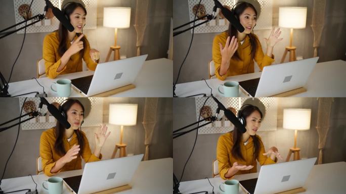 日本裔女播客，在她现代的家庭工作室录制播客