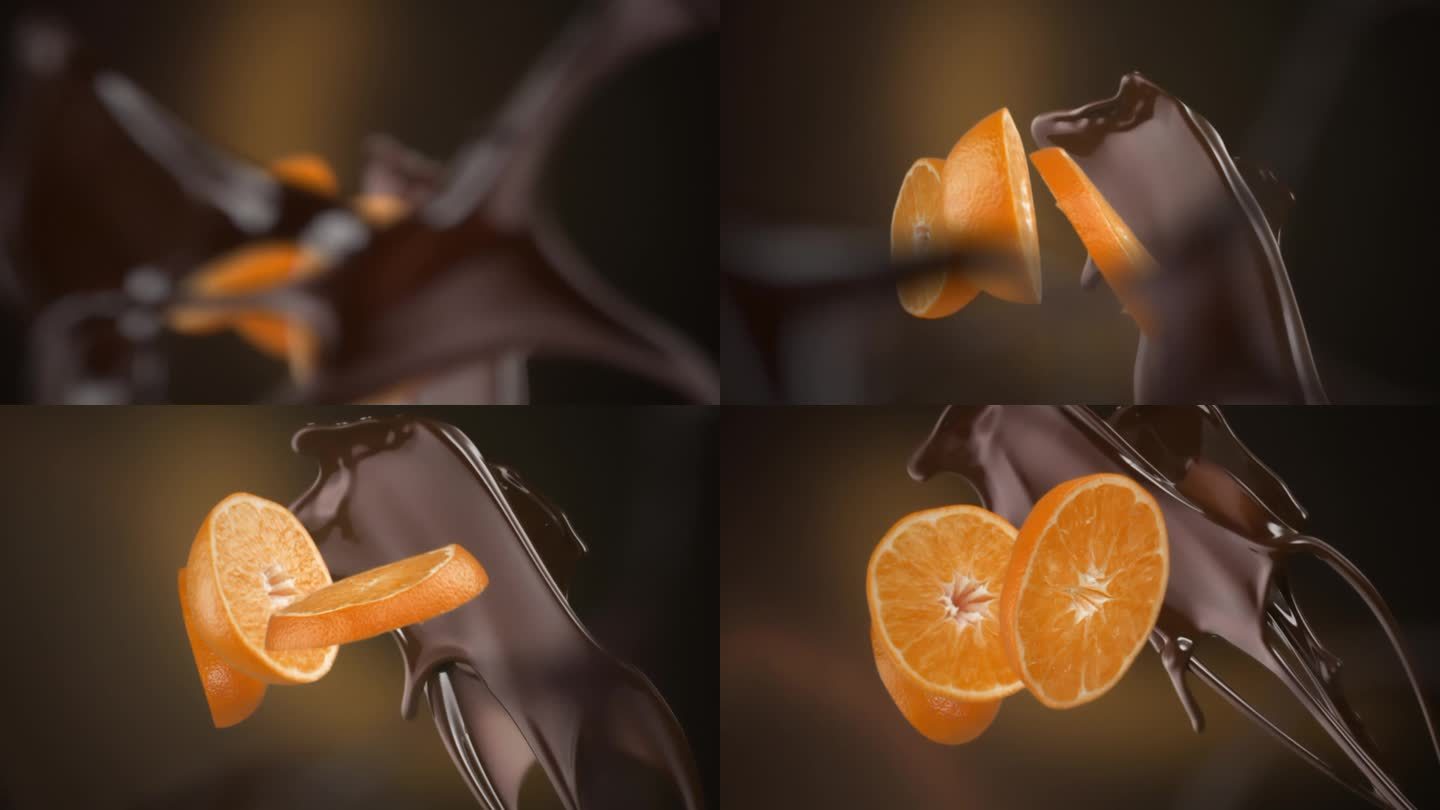 在渐变的背景下，黑巧克力和橘子片飞溅着水滴，以超级慢动作落下