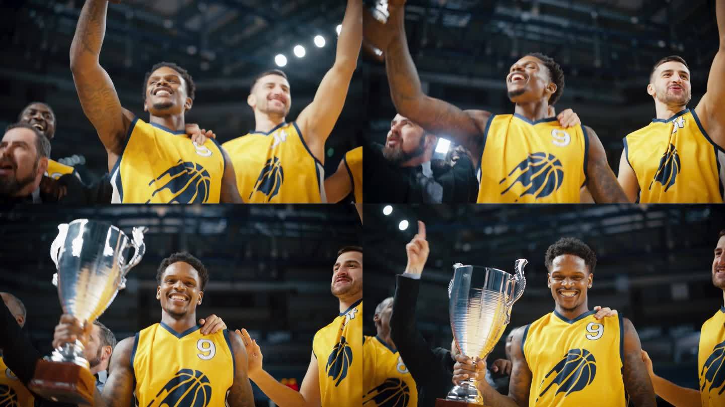 快乐的多元运动队在篮球协会季后赛中获胜:一群球员和教练一起庆祝胜利。体育直播电视频道特写