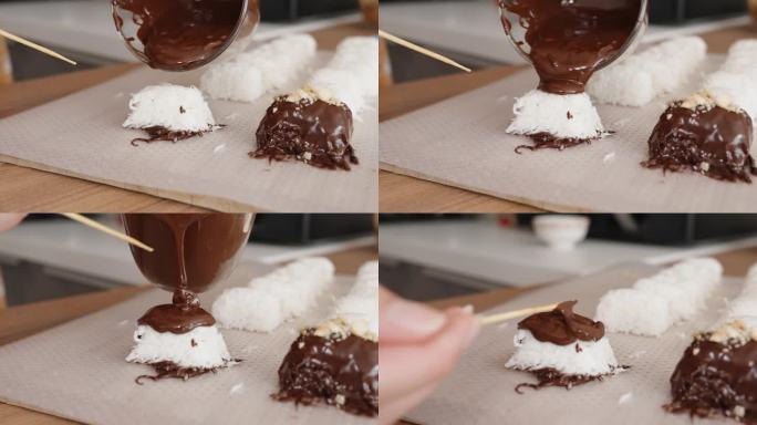 椰子肉被压缩成一个糖果模具，上面撒上巧克力。