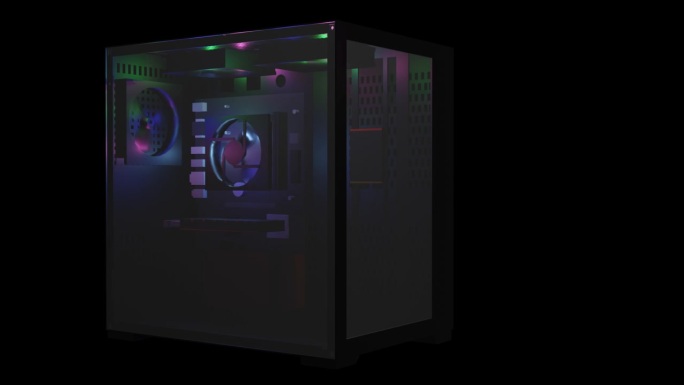 3d渲染的黑色电脑机箱，有4个壮观的风扇和RGB照明。
