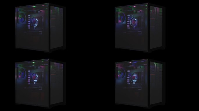 3d渲染的黑色电脑机箱，有4个壮观的风扇和RGB照明。