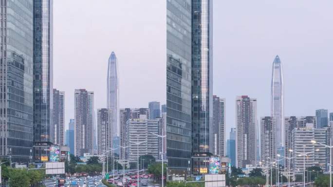 从黄昏到夜晚，中国深圳福田区CBD主干道的交通流量和城市风景