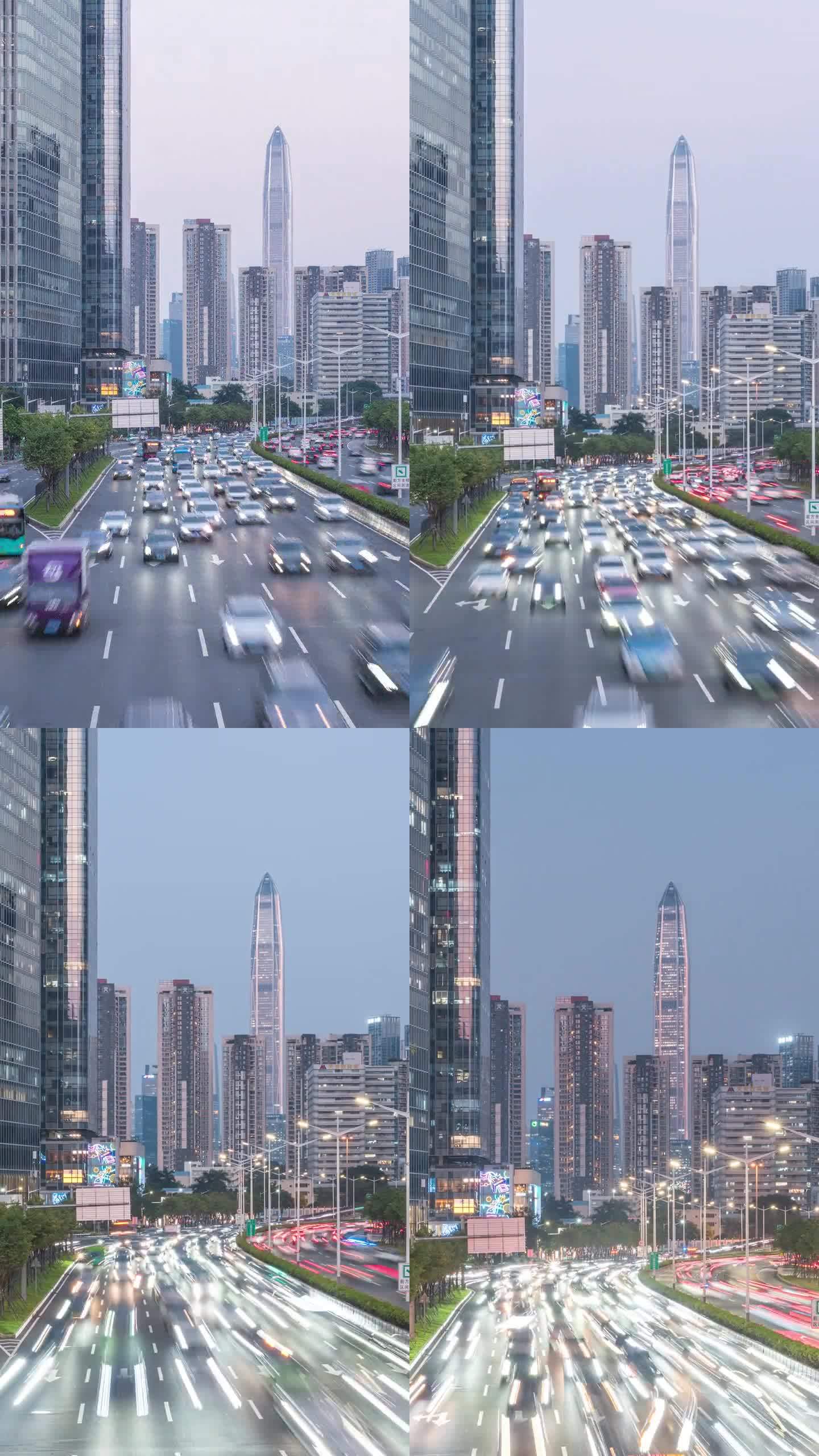 从黄昏到夜晚，中国深圳福田区CBD主干道的交通流量和城市风景